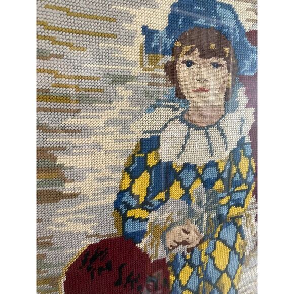 Needlepoint Artwrok Picassos Son Paul Harlequin Costume Gold Professional Frame - Picture 2 of 13